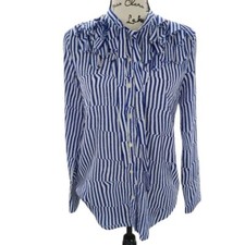 Banana Republic Womens Ruffle Blouse Blue White Stripe Button Front XS