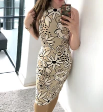 $995 Kwaidan Editions 36 S FLORAL JACQUARD PENCIL DRESS IN BEIGE MULTI MIDI