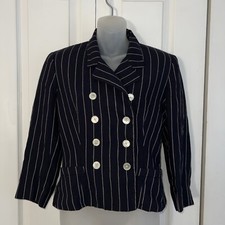Polo by Ralph Lauren Linen Blazer Sz 8 navy blue stripe jacket fully lined