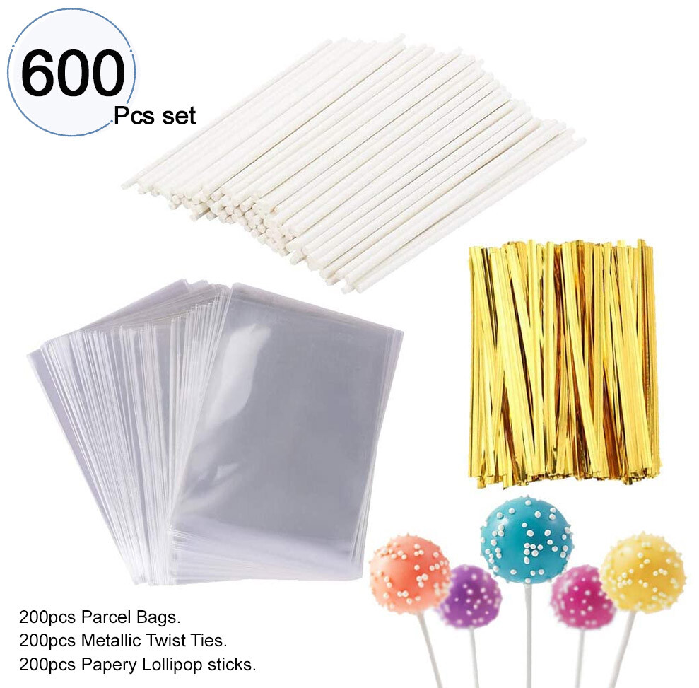 600 Pcs Lolly Pop Supplies Paper Sticks Clear Bags Metallic Twist Ties FoodGrade