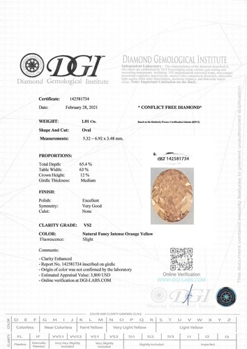 Diamante suelto de forma ovalada elegante naranja amarillo 1,01 quilates certificado VS2 mejorado - Imagen 3 de 9