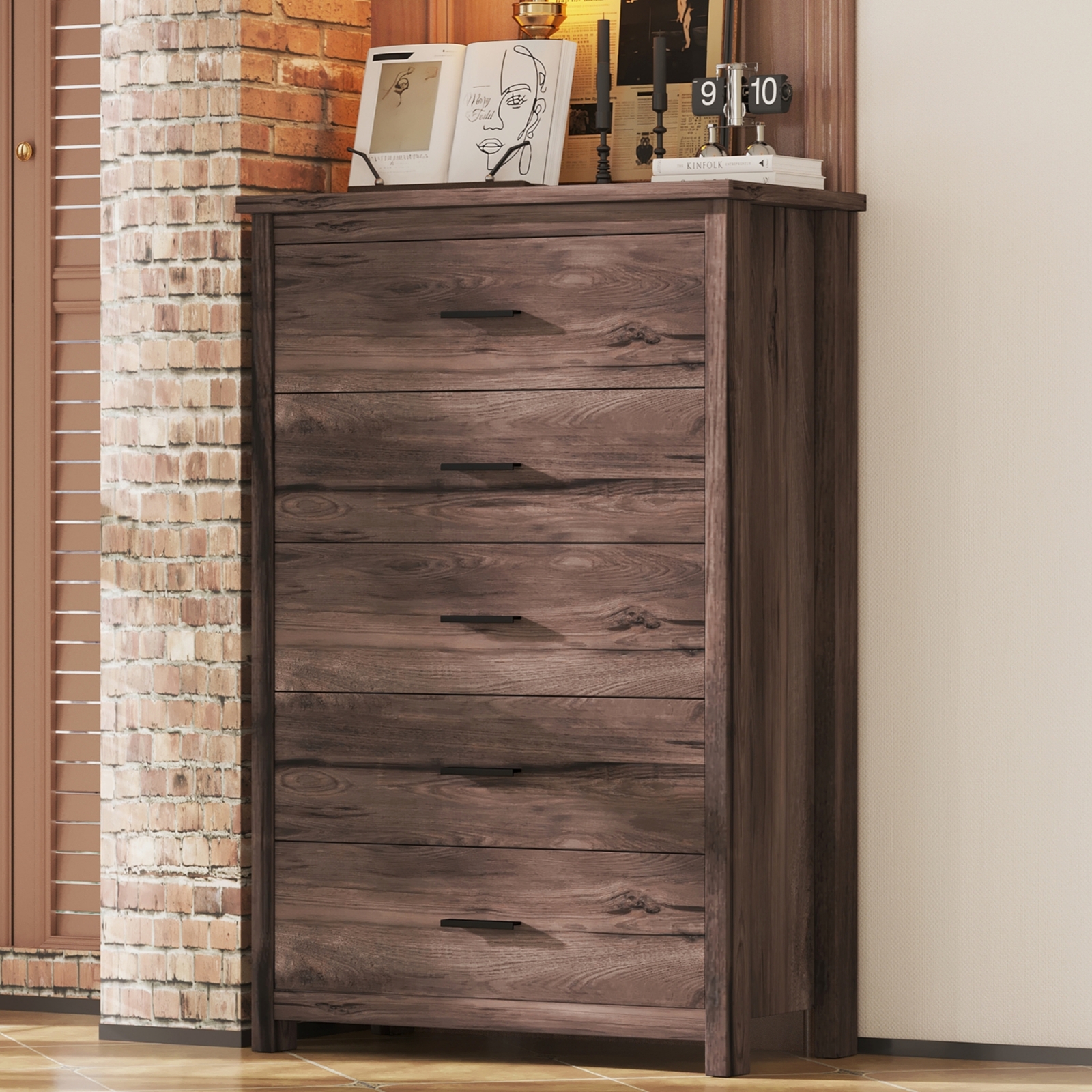 Retro American Country Style Wooden Dresser with 5 Drawer,Storage Cabinet