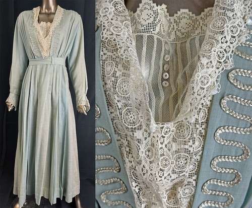 Edwardian Light Blue Cotton Soutache Braid Trim White Lace Dickey Tea Dress VTG
