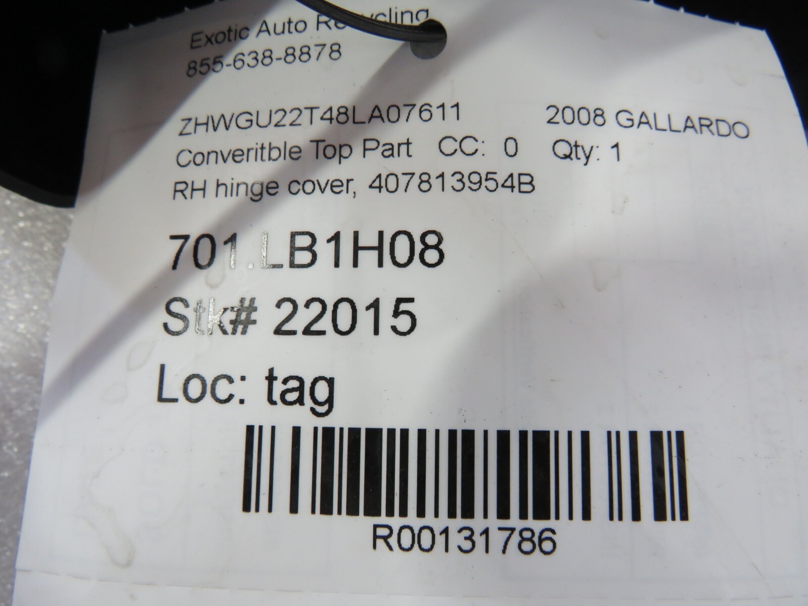 Lamborghini Gallardo, RH, Right, Hinge Cover, Used, P/N 407813954B