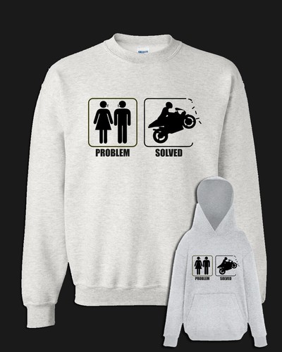 Felpa PROBLEM SOLVED bikers moto grigia con senza cappuccio idea regalo  amico | eBay