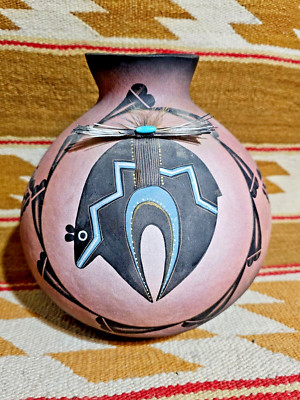 FANTASTIC ROBERT RIVERA MIMBRES HAND PAINTED BEAR GOURD w TURQUOISE QUIL FEATHER