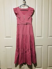 Pink Crinkle Pleat Maxi Dress Frill Sleeves Womens Size Medium