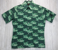 VTG 70s JC Penney Shirt Medium 15/15.5 Green Short Sleeve Lakehouse AOP No Iron