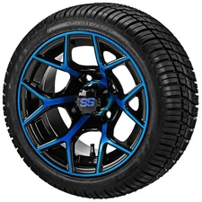 (4) Golf Cart 215/35R12 Deli Radial Low Pro Tire on 12x7 Black/Blue Ninja Wheels