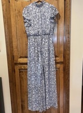 MSK Women's Blue Printed Smocked High Neck Flutter Sleeve Jumpsuit Large Wideleg