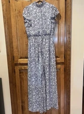 MSK Women's Blue Printed Smocked High Neck Flutter Sleeve Jumpsuit Large Wideleg