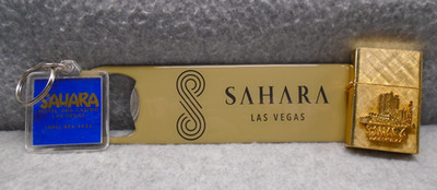 Vintage- Lot of 3 Sahara Hotel Casino Items Las Vegas -14kt Gold Plated Lighter!