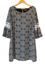 Luxology Boho Dress Womens 16 Gray Floral Bell Sleeve Crochet Lined Flowy