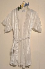 Vintage 80s 90s Bridal Robe W/ Belt Satin Lace White Stripe Lingerie Wedding