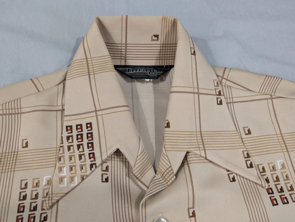 Vintage 60s 70s Image Shirt Adult Small Tan Geometric Leisure Rave Button Up - Image 2 of 4