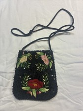 Vintage Floral Embroidered Sequin Crossbody Bag COTTAGECORE 7in Tall 6 In Wide
