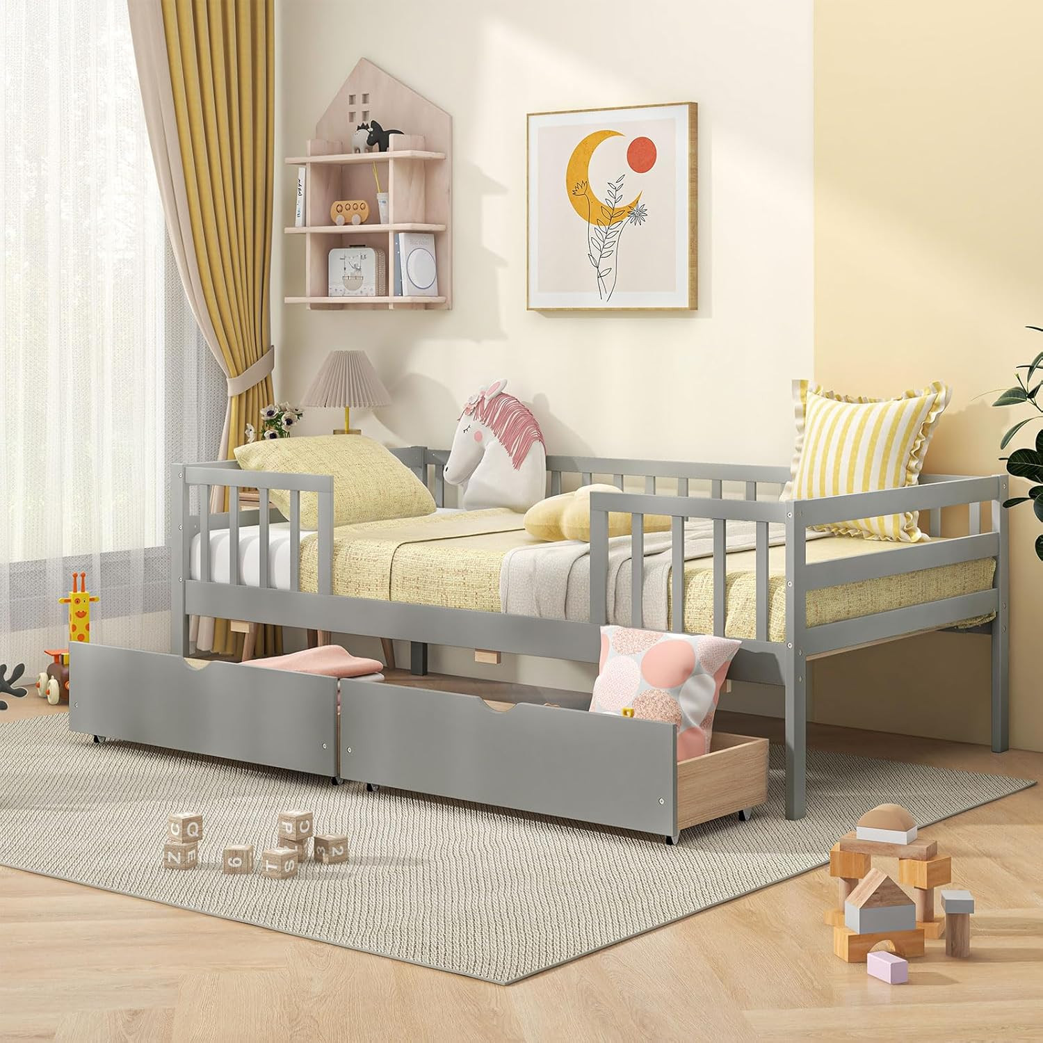 Twin Kids Bed with Storage, Montessori Style, No Box Spring 