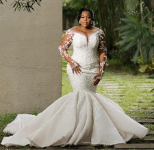 Mermaid Wedding Dress for Bride Plus Size Long Sleeves Lace Rehinestones Bridal