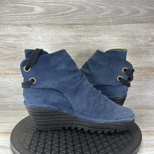 Fly London Women’s Yama Blue Suede Back Tie Wedge Ankle Bootie Size EU 39 US 8 - Picture 7 of 8