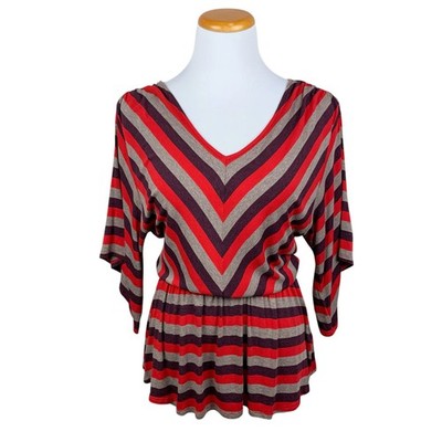 Ella Moss Blouse Women's S Striped Kimono Sleeve Red Grey Retro Stripe