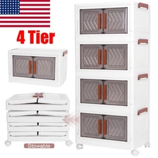 4 Tier Folding Storage Cabinet Stackable Boxes with Magnetic Doors & Wheels USA