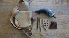 Shooting Bag, Powder horn, capper, measure, ball block, bag, short starter
