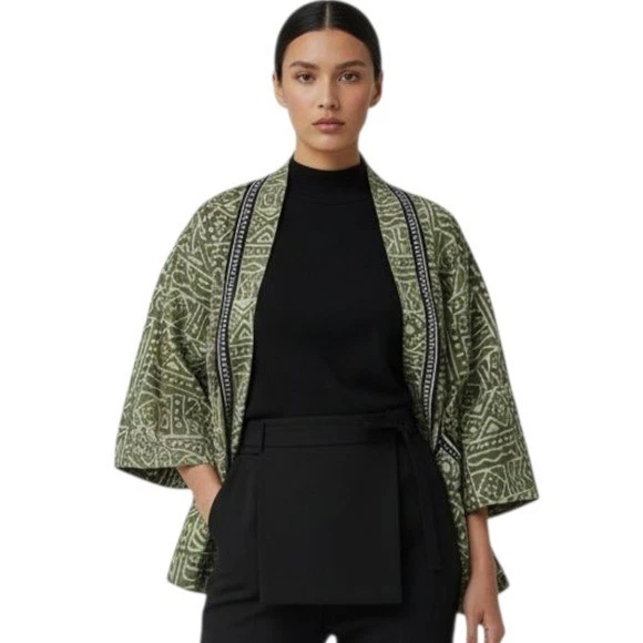 Chicos Y2K Reversible Kimono Jacket Olive Green Black Asian Style Boho Global OS - Image 2 of 4