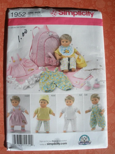 Simplicity Pattern 1952 Bitty 15" Baby Doll Clothes & Carrier Uncut