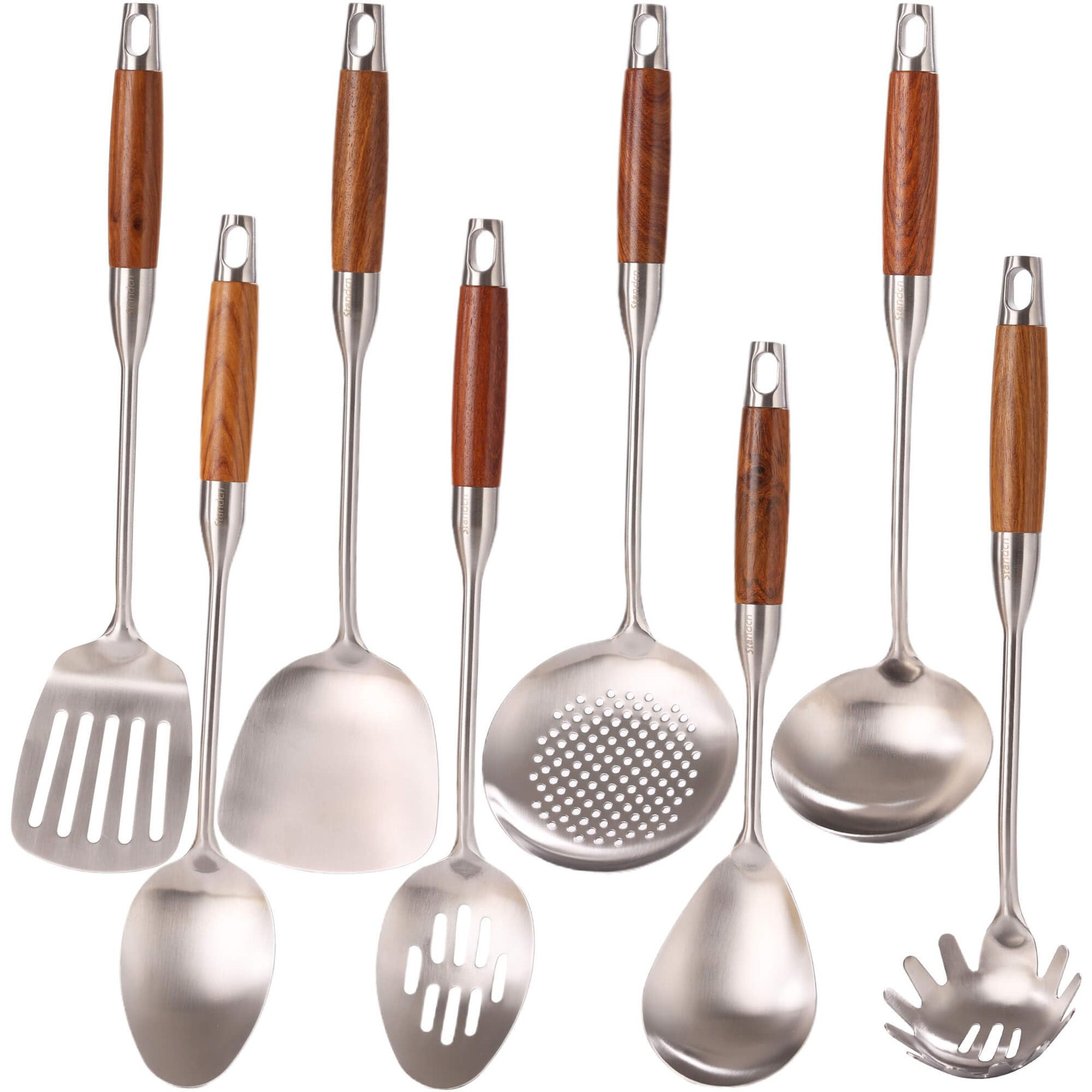 18/10 Stainless Steel Kitchen Utensils Set with Wood Handle - 15”Metal Cookin...