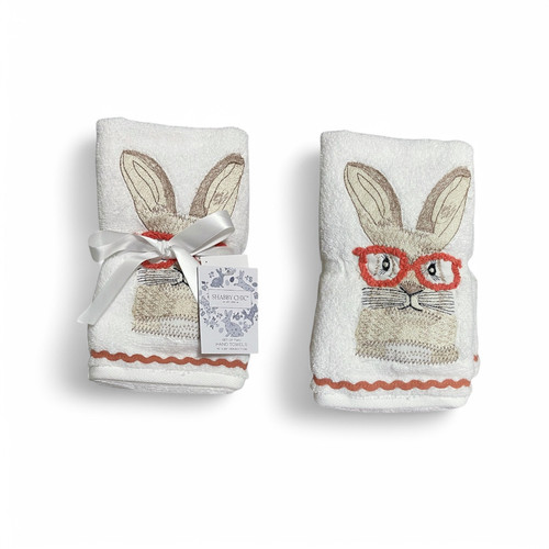 Juego de 2 toallas de mano de algodón bordado Shabby Chic con conejito de Pascua con gafas - Imagen 1 de 6
