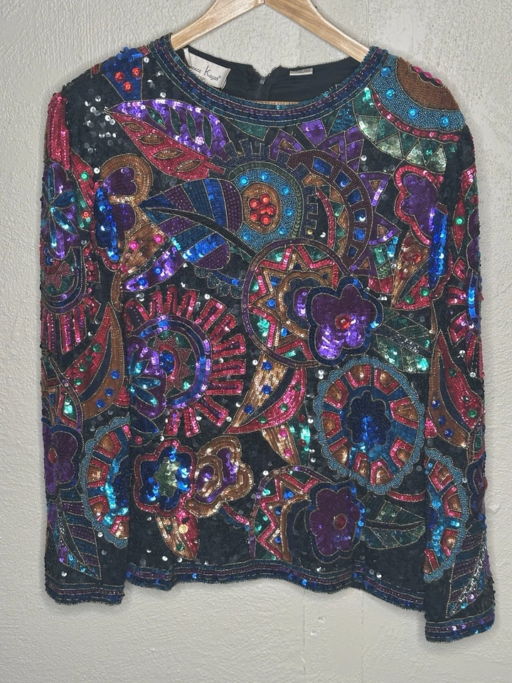 Винтажный 80-х Lawrence Kazar 100% шелк бусина блестки верхний XL черный цветной гламур блестящий - Изображение 3 из 4