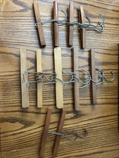 11 Vintage Wooden Clamp Hangers Pants Skirts Various Sizes 2 W/Advertising