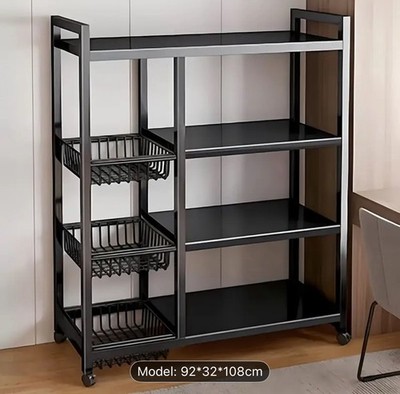 3-Tier Heavy-Duty Metal Kitchen Storage Rack with Wheels and Hooks Black
