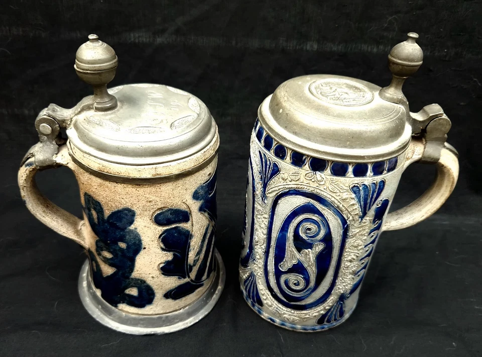 Cerveza alemana antigua del siglo XVIII Westerwald piedras tapas de peltre un esmalte de sal Foto 3 de 4