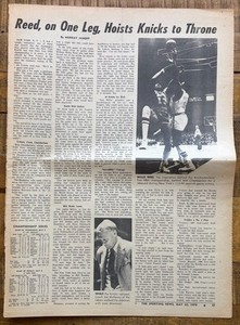 1970 May 23 Sporting News Knicks Win Title Article, Reed on One Leg page 57 only