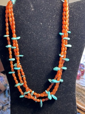 Carnelian Turquoise Beaded 3 Strand Necklace Santo Domingo 