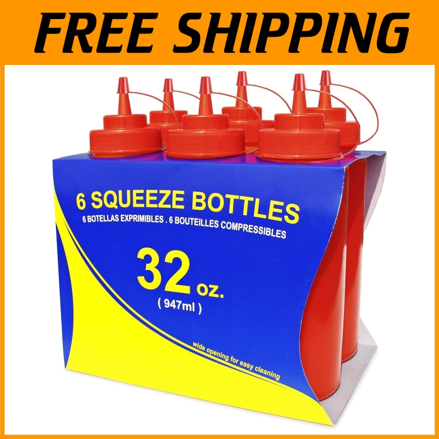 Professional Grade 32 oz Squeeze Bottles, Red, 6 Pack
