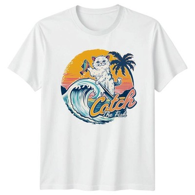 Catch The Fish Surfing Cat T-Shirt Strandkatzen Geburtstag Geschenk für Sie und Ihn