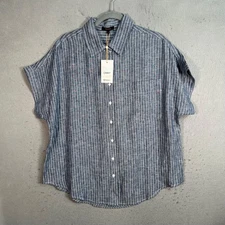 Quince Womens Size Large Blue Striped Linen Button-Up Shirt NEW!