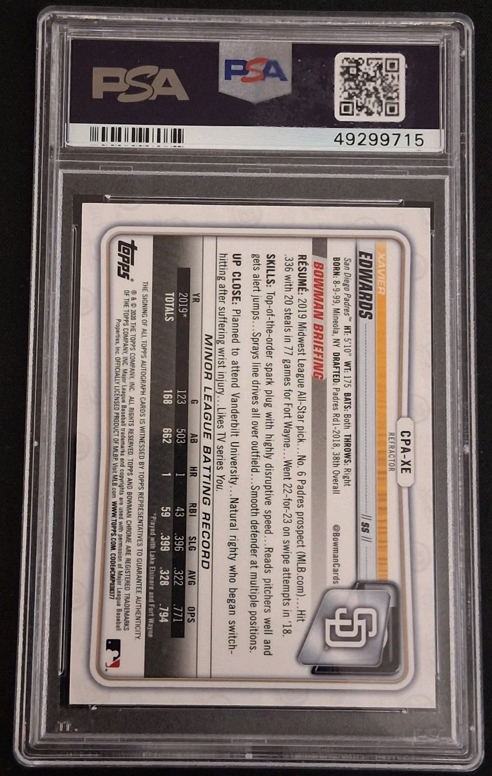2020 Bowman Chrome Refractor Xavier Edwards Prospect Auto PSA 8.5 Auto view 2