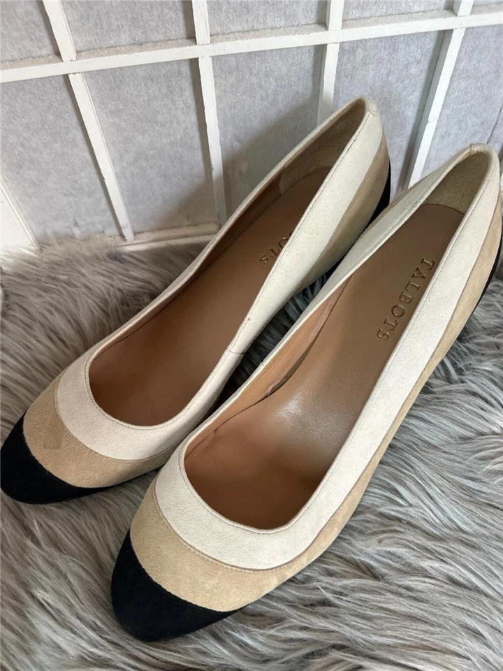 Nuevo Para Mujer 10B Talbots Beige/Negro Gamuza Rayas Tacón Bloque Zapatos de Corte Foto 2 de 4