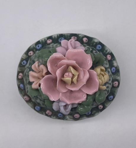 Vintage Porcelain Multicolored Flowers Trinket Box - Picture 5 of 7