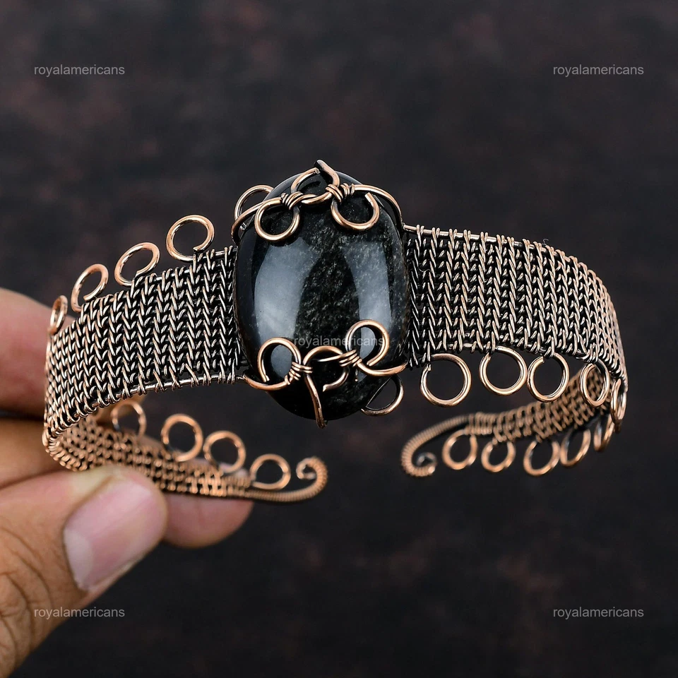 Браслет-манжета на день рождения из овального натурального серебра с блеском обсидиана Valentines Deal медь - Изображение 4 из 4