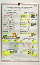BRUCE BOCHY FINAL CAREER SERIES GAME-USED AUTOd LINEUP CARD GIANT DODGER 9/27/19