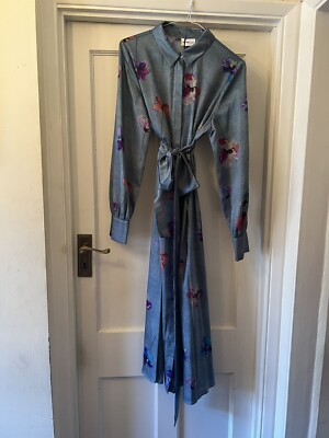 New MARELLA Deep Blue & Floral TALES Shirt Style Midi Dress With Belt,UK 12