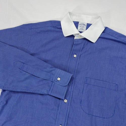 Brooks Brothers Shirt Mens 15-34 Blue Contrast Collar Slim Fit Blue Check Button