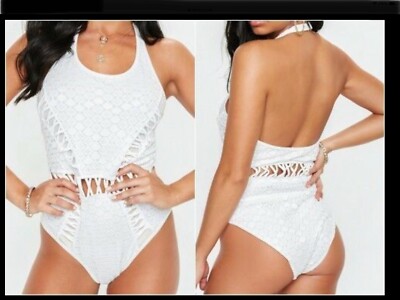 Missguided stunning Lace and Mesh halter neck Swimsuit in White