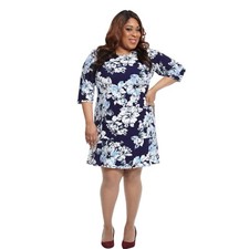 Eliza J Navy Floral Drop Waist Shift Dress 3/4 Sleeve 20W Stretch Formal Lined