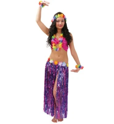 Hula Rock Hawaii Lametta Rock 80 cm Länge mit Blumen Karneval Fasching Party - Bild 1 von 2
