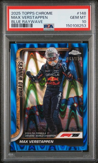2025 Topps Chrome Formula 1 Blue Raywave #148 Max Verstappen 43/150 PSA 10